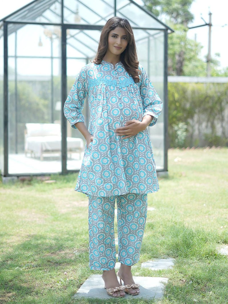 Grey Blue Floral Printed Maternity & Feeding Friendly Cotton Co-ord Set