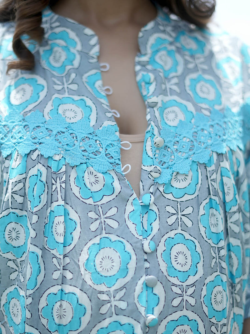Grey Blue Floral Printed Maternity & Feeding Friendly Cotton Co-ord Set