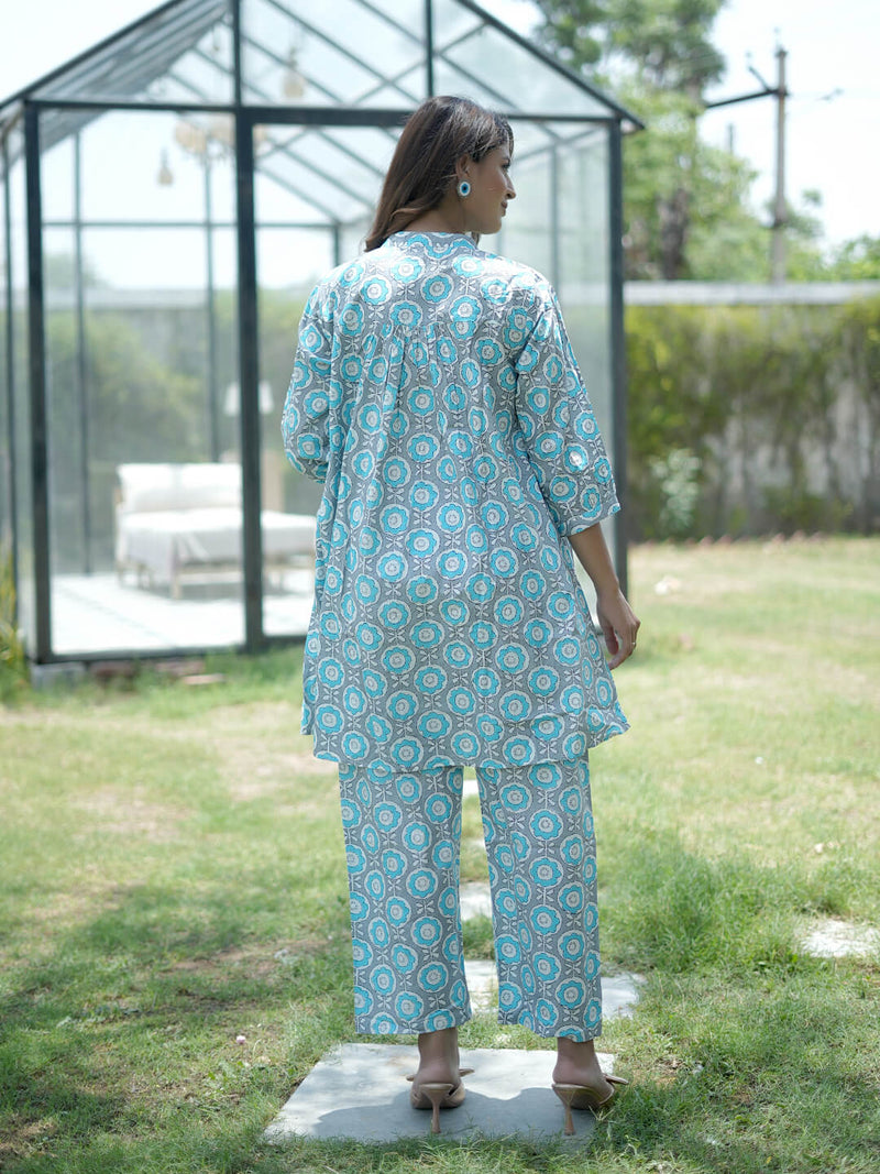 Grey Blue Floral Printed Maternity & Feeding Friendly Cotton Co-ord Set