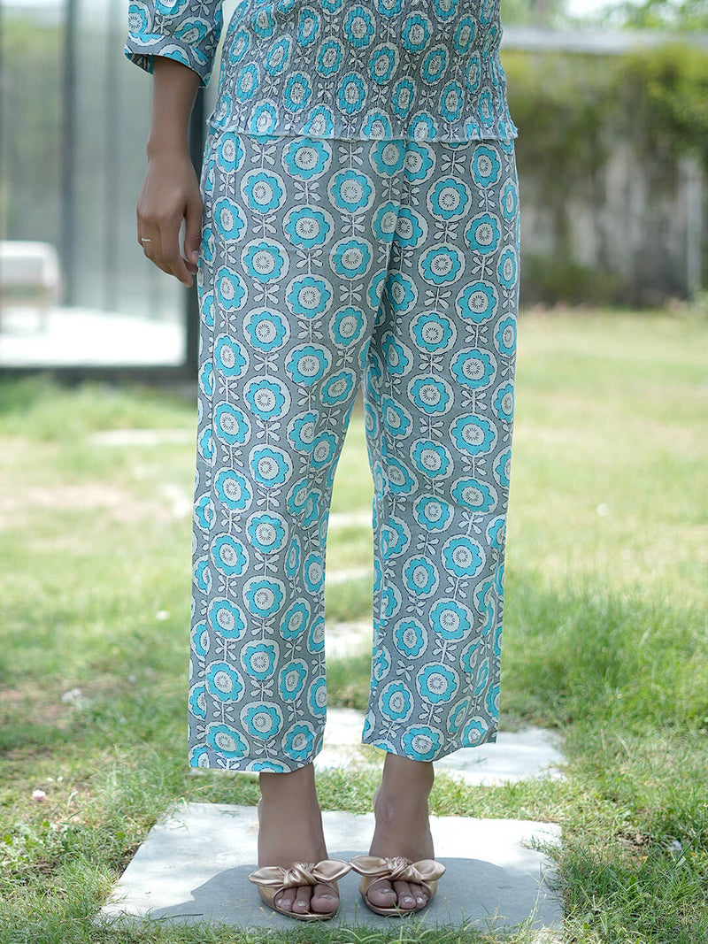 Grey Blue Floral Printed Maternity & Feeding Friendly Cotton Co-ord Set