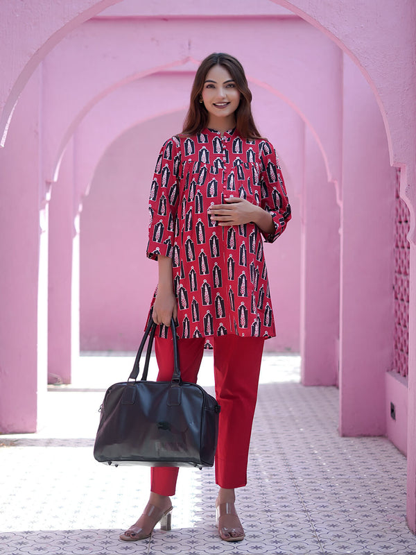 Red Ethnic Printed Maternity & Feeding Friendly Cotton Co-ord Set