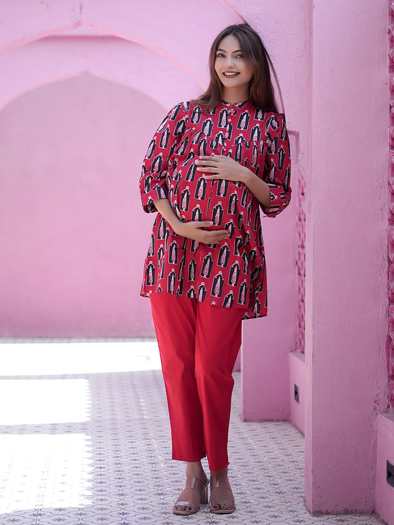 Red Ethnic Printed Maternity & Feeding Friendly Cotton Co-ord Set