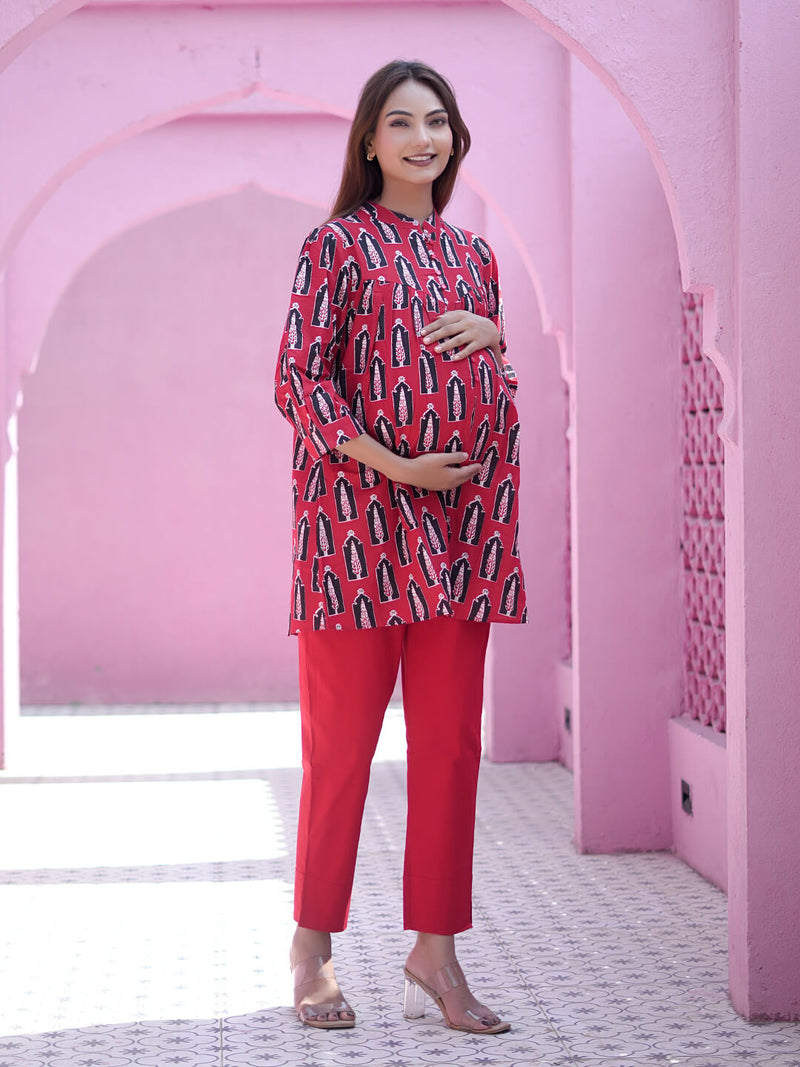 Red Ethnic Printed Maternity & Feeding Friendly Cotton Co-ord Set