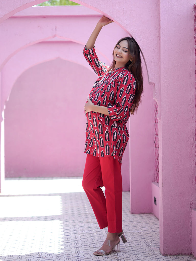 Red Ethnic Printed Maternity & Feeding Friendly Cotton Co-ord Set