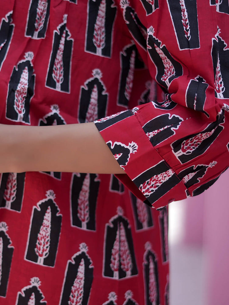 Red Ethnic Printed Maternity & Feeding Friendly Cotton Co-ord Set
