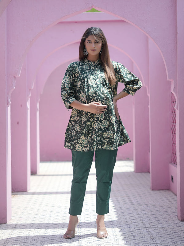 Bottle Green Floral Printed Maternity & Feeding Friendly Cotton Co-ord Set