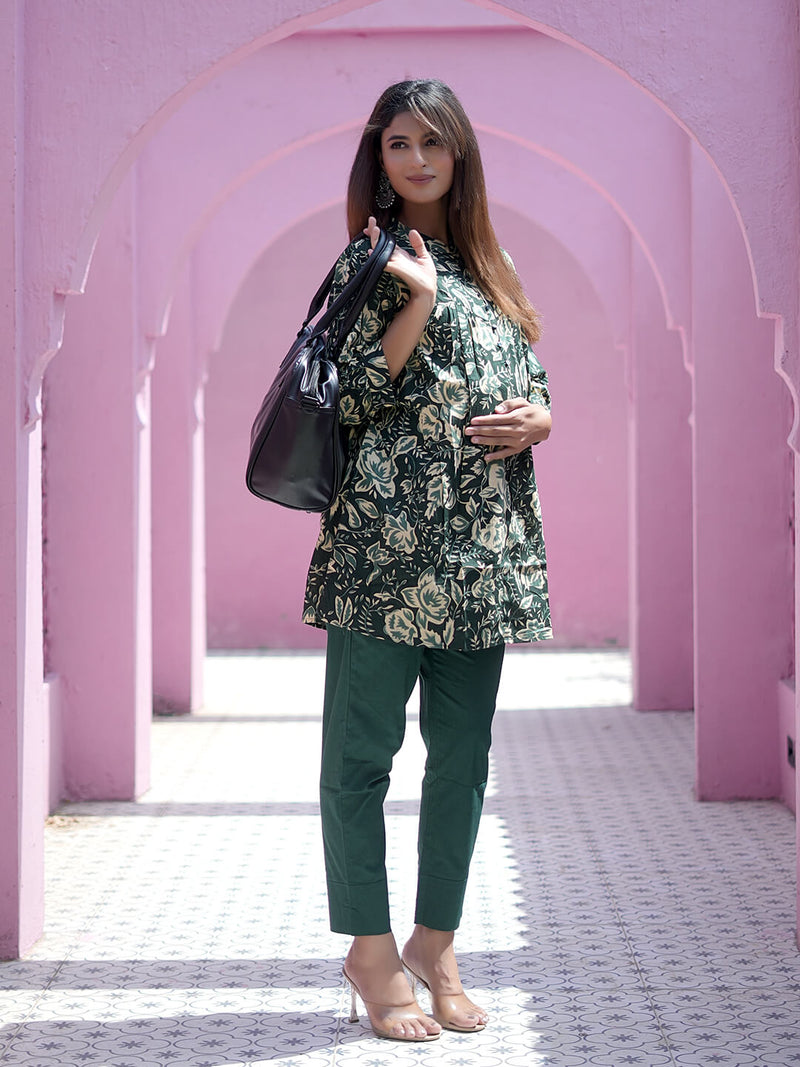 Bottle Green Floral Printed Maternity & Feeding Friendly Cotton Co-ord Set