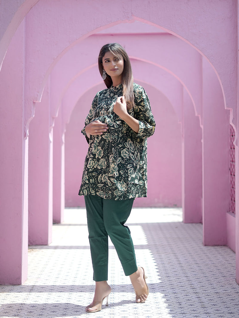 Bottle Green Floral Printed Maternity & Feeding Friendly Cotton Co-ord Set