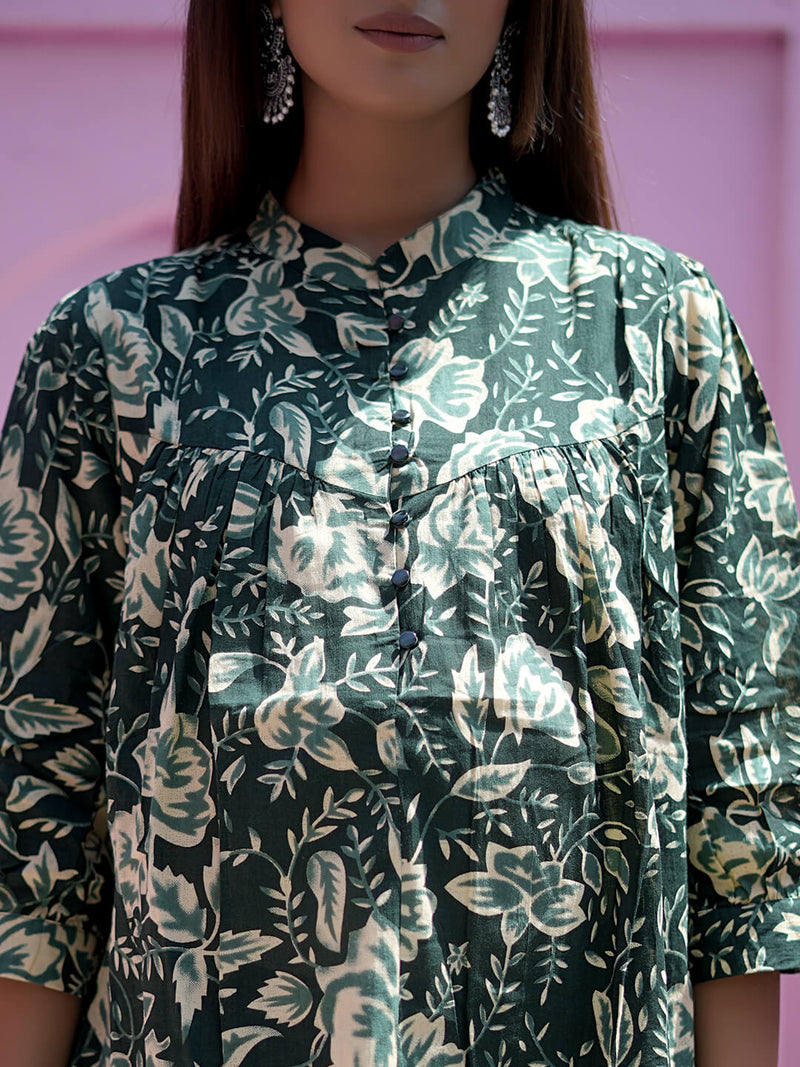 Bottle Green Floral Printed Maternity & Feeding Friendly Cotton Co-ord Set