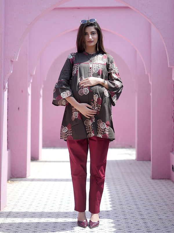 Brown Maroon Ethnic Printed Maternity & Feeding Friendly Cotton Co-ord Set