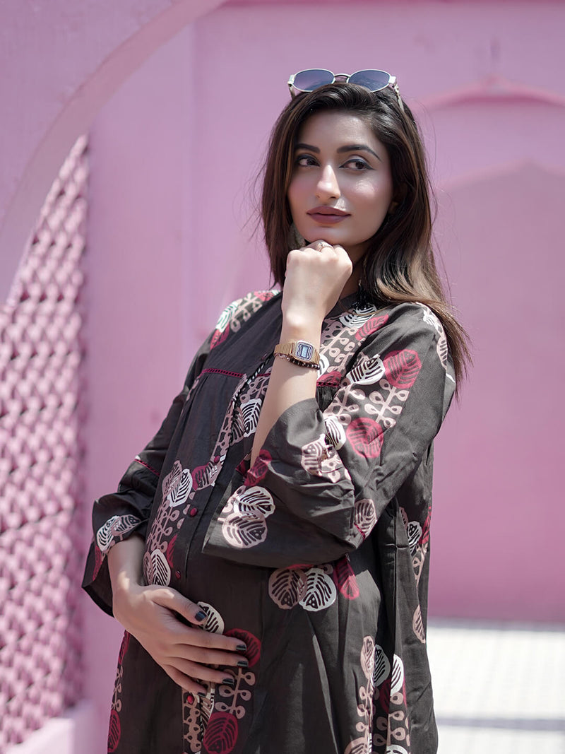 Brown Maroon Ethnic Printed Maternity & Feeding Friendly Cotton Co-ord Set