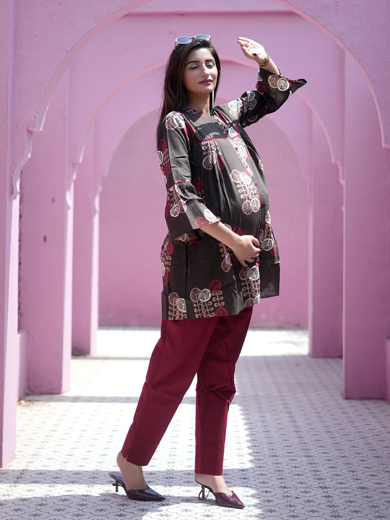Brown Maroon Ethnic Printed Maternity & Feeding Friendly Cotton Co-ord Set