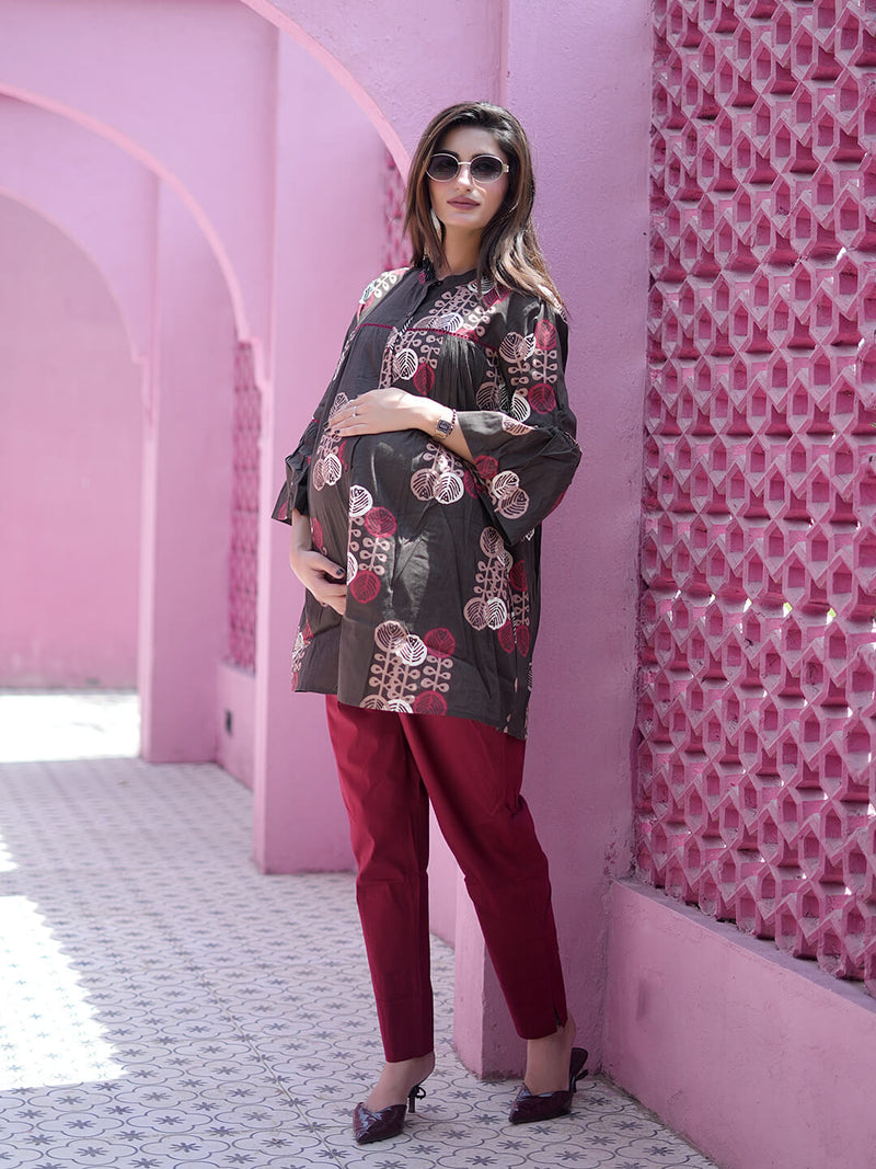 Brown Maroon Ethnic Printed Maternity & Feeding Friendly Cotton Co-ord Set