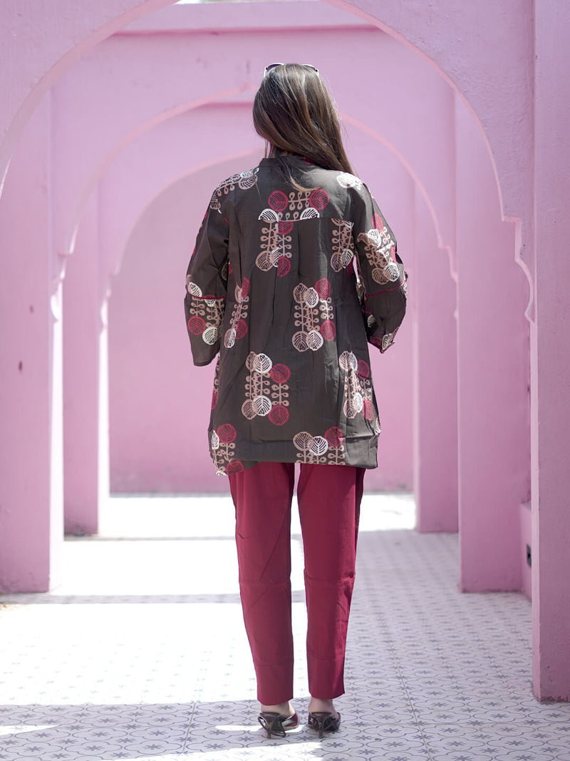 Brown Maroon Ethnic Printed Maternity & Feeding Friendly Cotton Co-ord Set