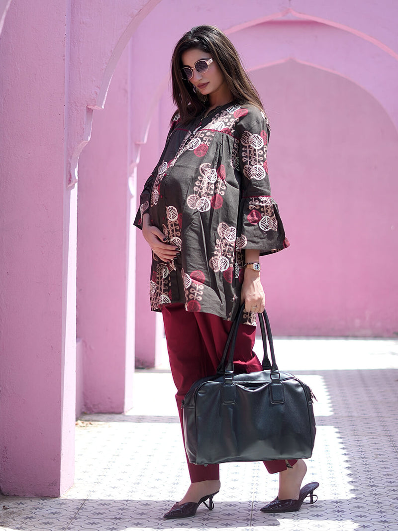 Brown Maroon Ethnic Printed Maternity & Feeding Friendly Cotton Co-ord Set