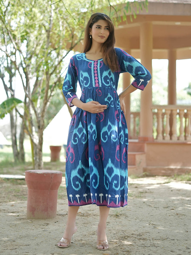 Blue Multi Ikat Printed Maternity & Nursing Midi Dress with Concealed Feeding Zippers