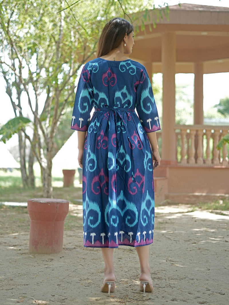 Blue Multi Ikat Printed Maternity & Nursing Midi Dress with Concealed Feeding Zippers