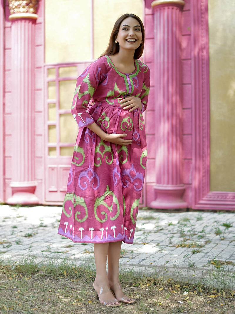 Brick Red Ikat Printed Maternity & Nursing Midi Dress with Concealed Feeding Zippers
