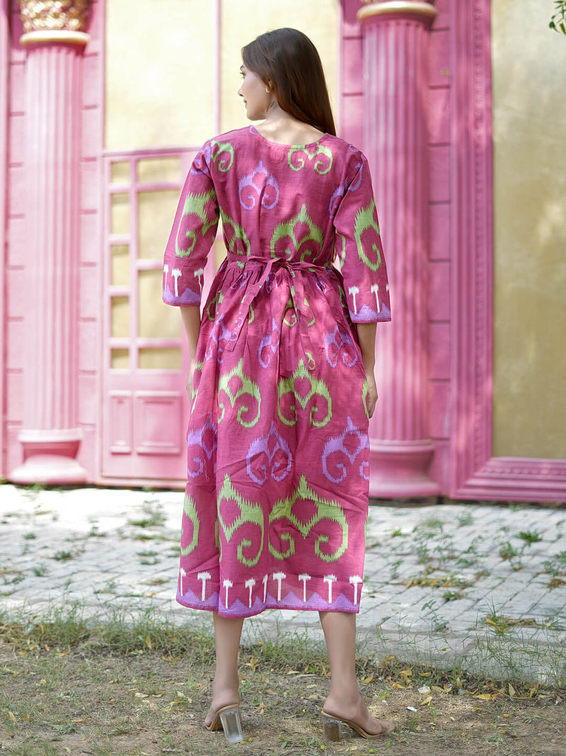 Brick Red Ikat Printed Maternity & Nursing Midi Dress with Concealed Feeding Zippers