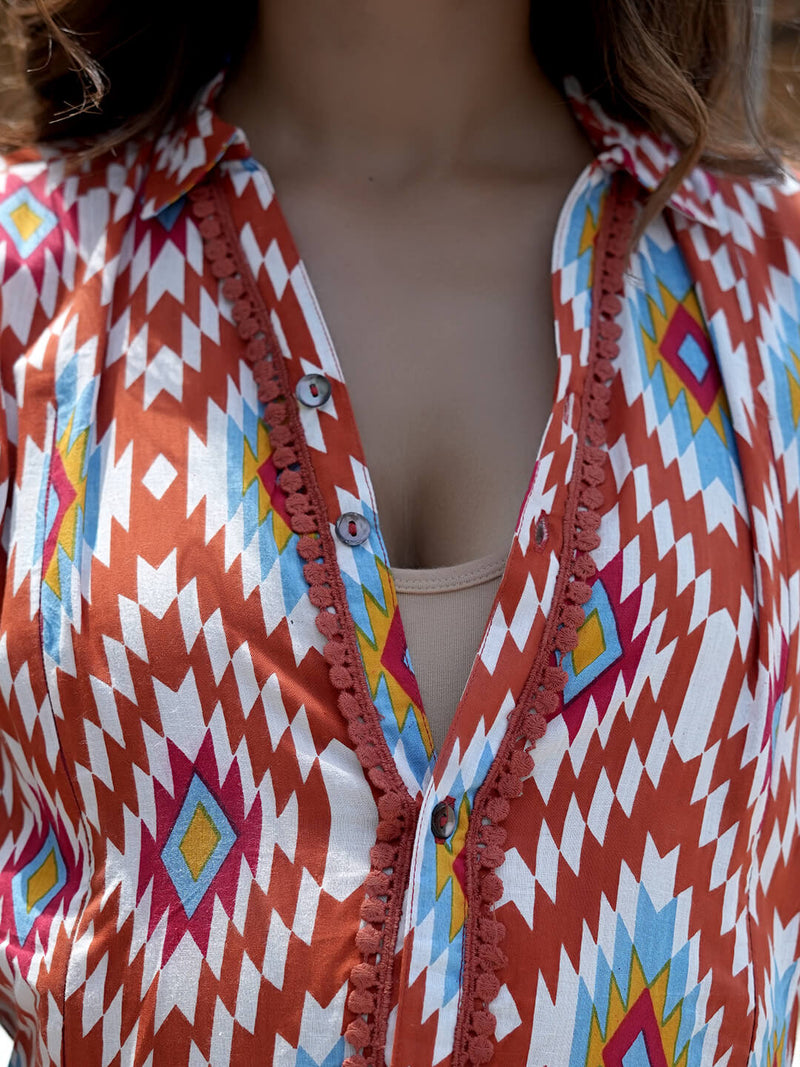 Brown Multi Ikat Printed Maternity & Nursing Midi Dress with Concealed Feeding Zippers