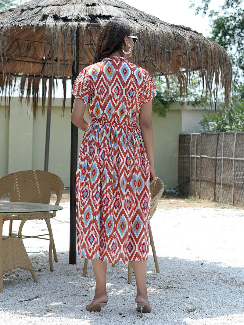 Brown Multi Ikat Printed Maternity & Nursing Midi Dress with Concealed Feeding Zippers