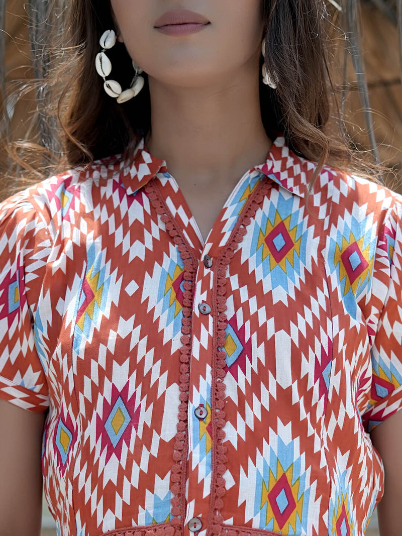 Brown Multi Ikat Printed Maternity & Nursing Midi Dress with Concealed Feeding Zippers