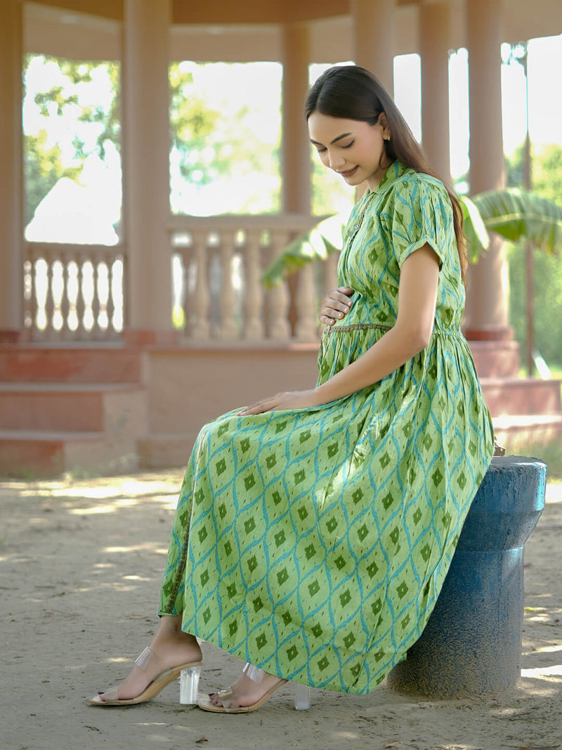 Pista Green Ikat Printed Maternity & Nursing Midi Dress with Concealed Feeding Zippers