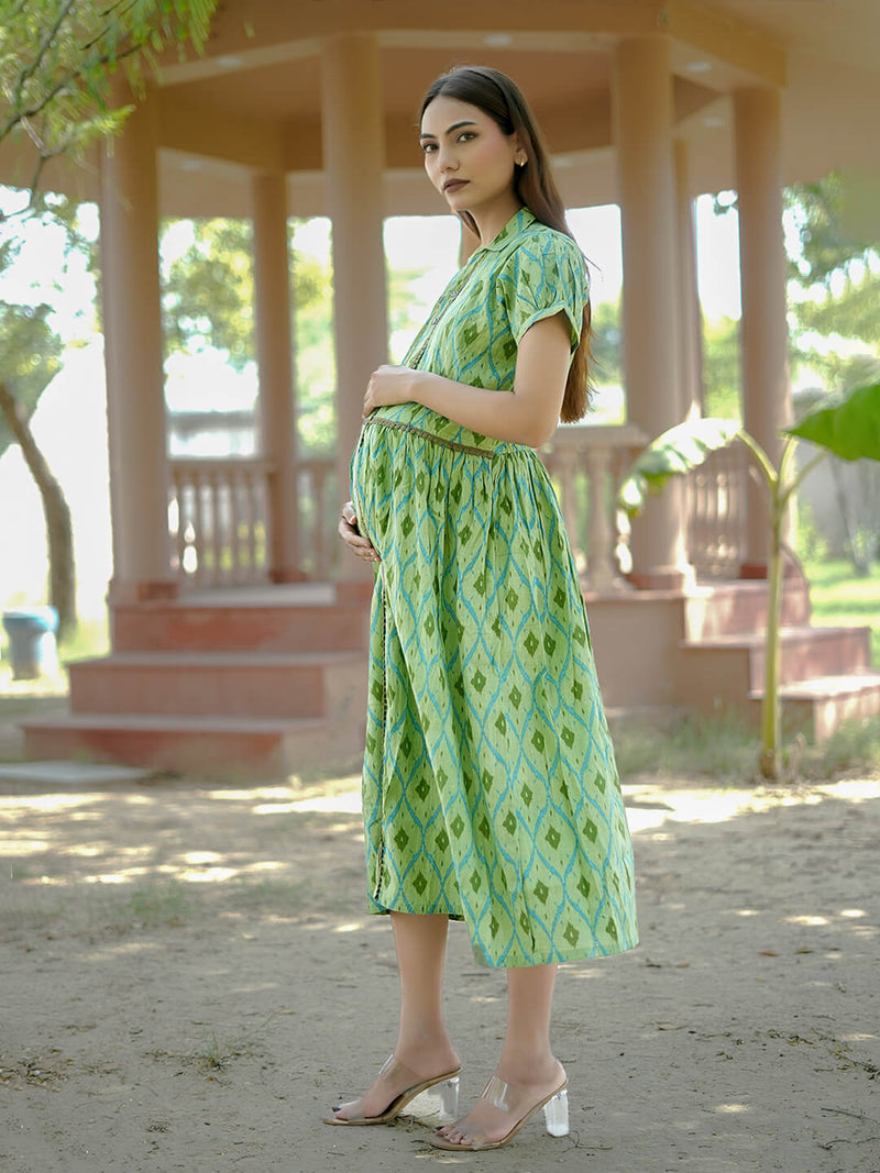 Pista Green Ikat Printed Maternity & Nursing Midi Dress with Concealed Feeding Zippers