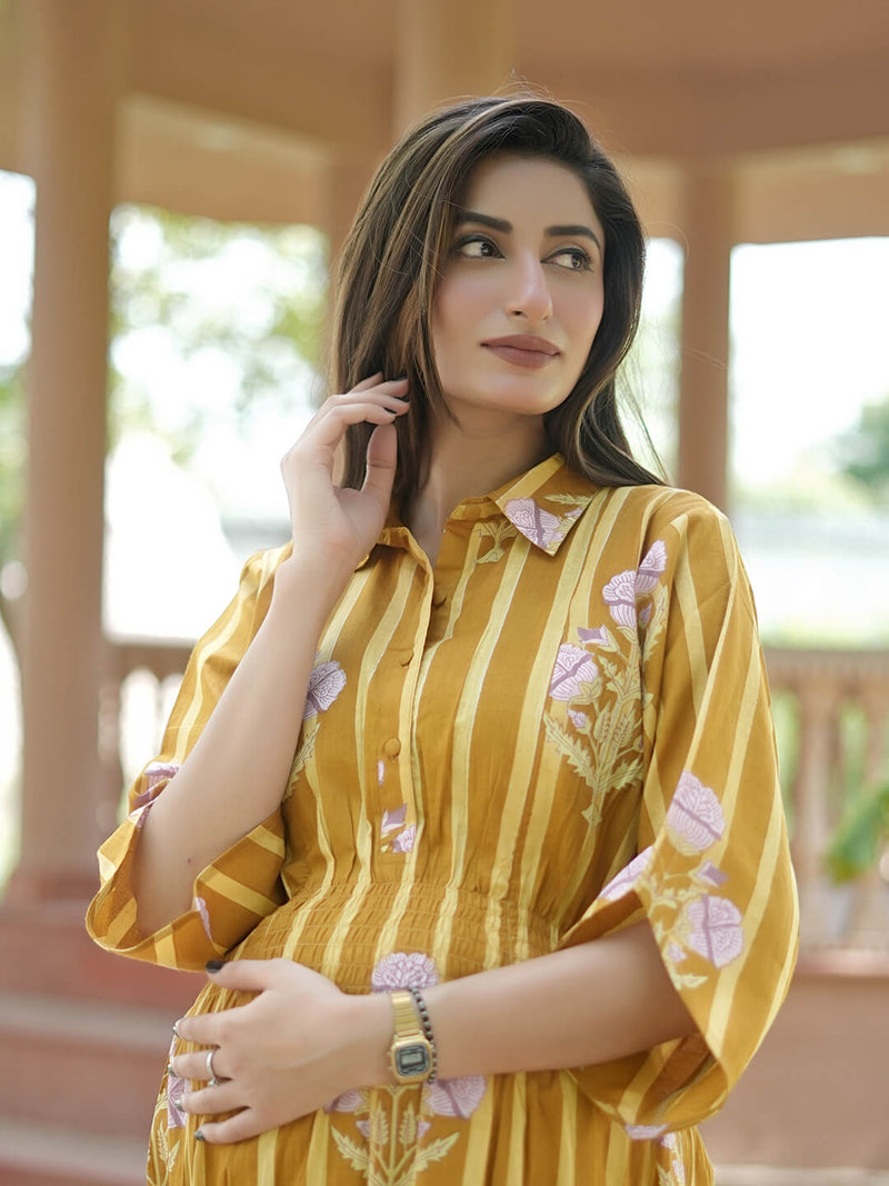 Mustard Ethnic Printed Maternity & Nursing Midi Dress with Concealed Feeding Zippers
