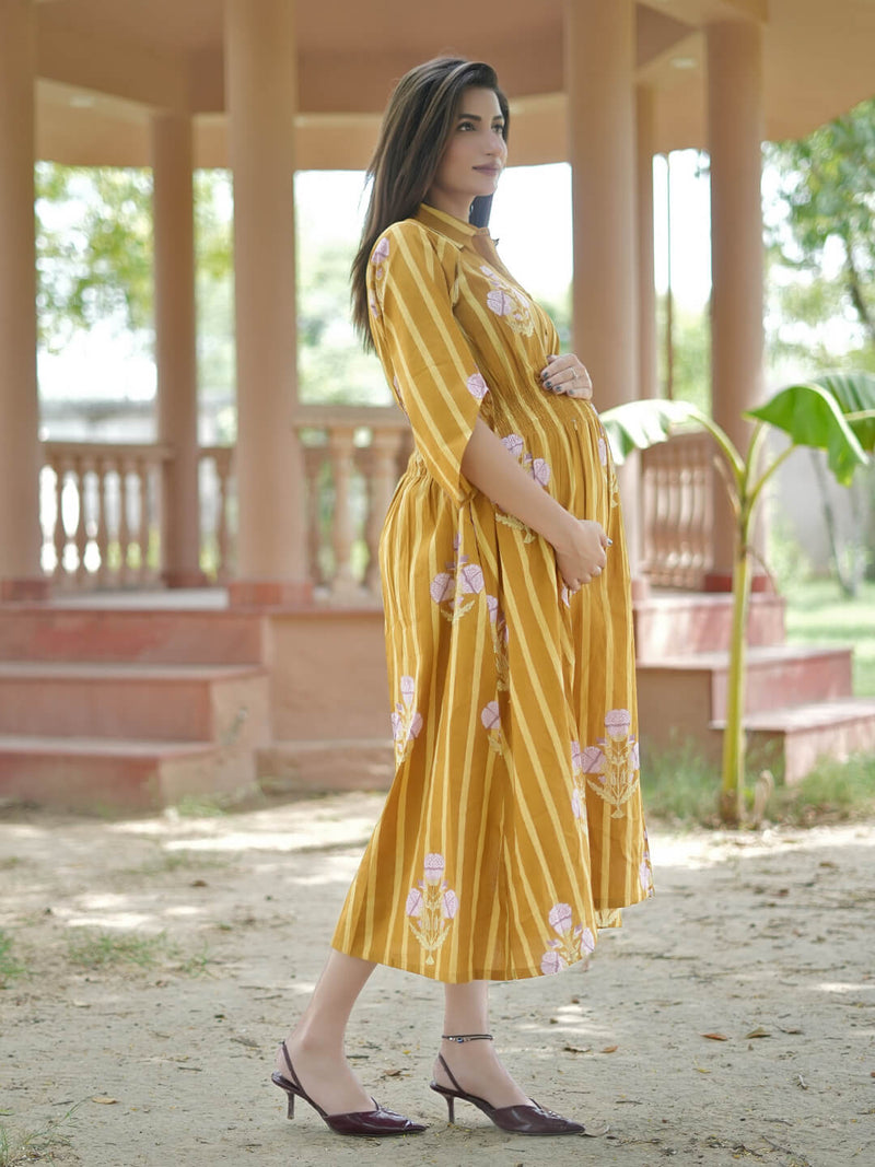 Mustard Ethnic Printed Maternity & Nursing Midi Dress with Concealed Feeding Zippers