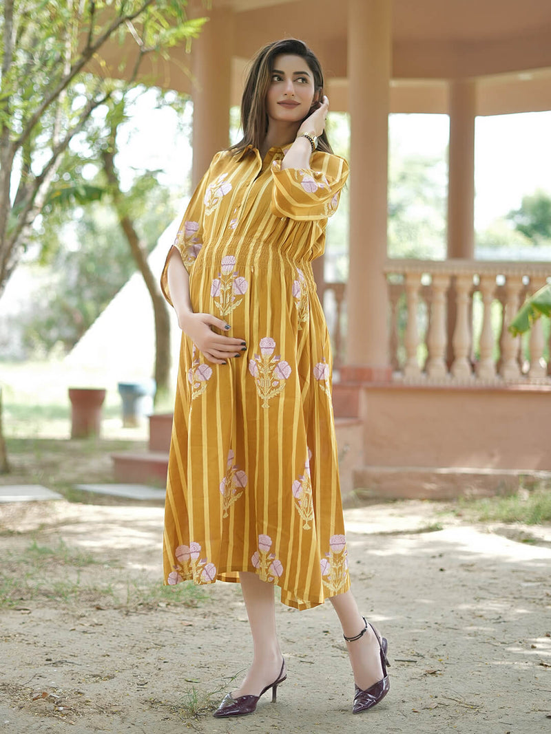 Mustard Ethnic Printed Maternity & Nursing Midi Dress with Concealed Feeding Zippers