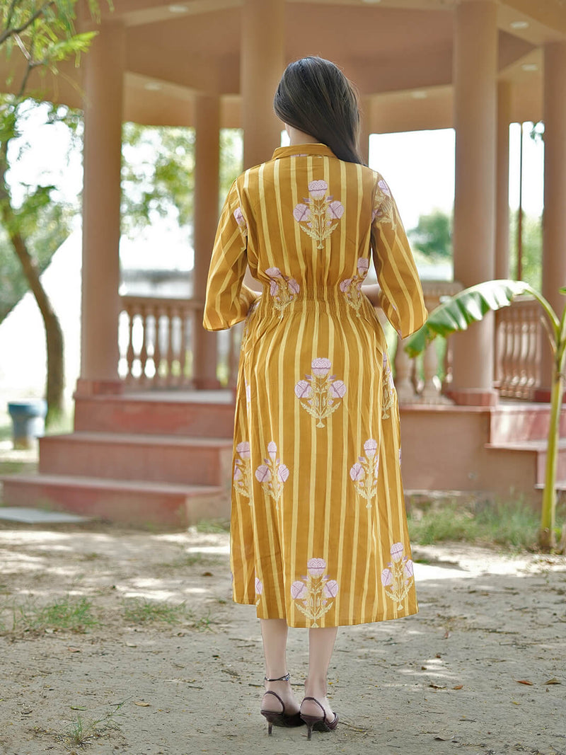 Mustard Ethnic Printed Maternity & Nursing Midi Dress with Concealed Feeding Zippers
