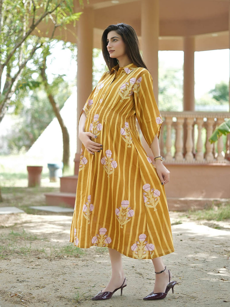 Mustard Ethnic Printed Maternity & Nursing Midi Dress with Concealed Feeding Zippers