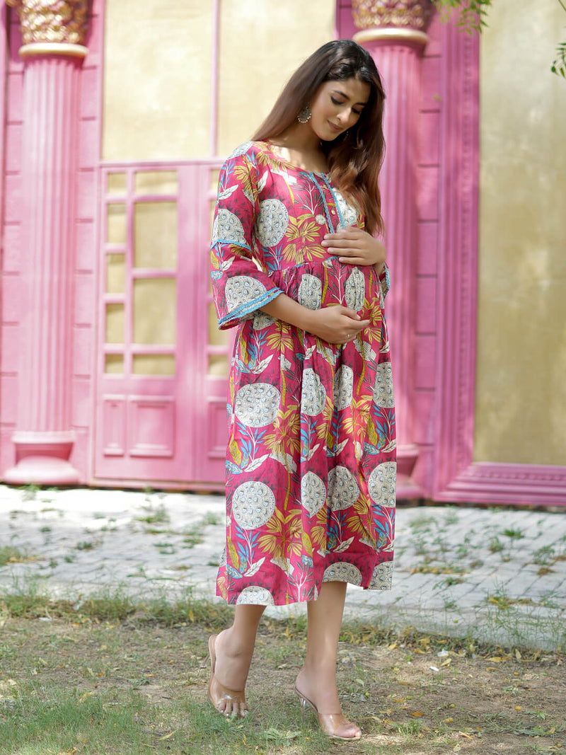 Coral Floral Printed Maternity & Nursing Midi Dress with Concealed Feeding Zippers