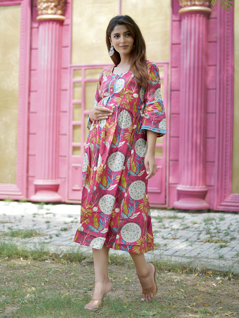 Coral Floral Printed Maternity & Nursing Midi Dress with Concealed Feeding Zippers