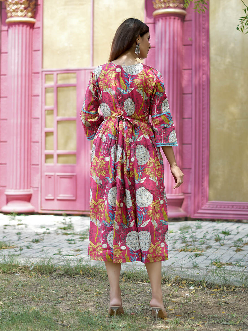 Coral Floral Printed Maternity & Nursing Midi Dress with Concealed Feeding Zippers