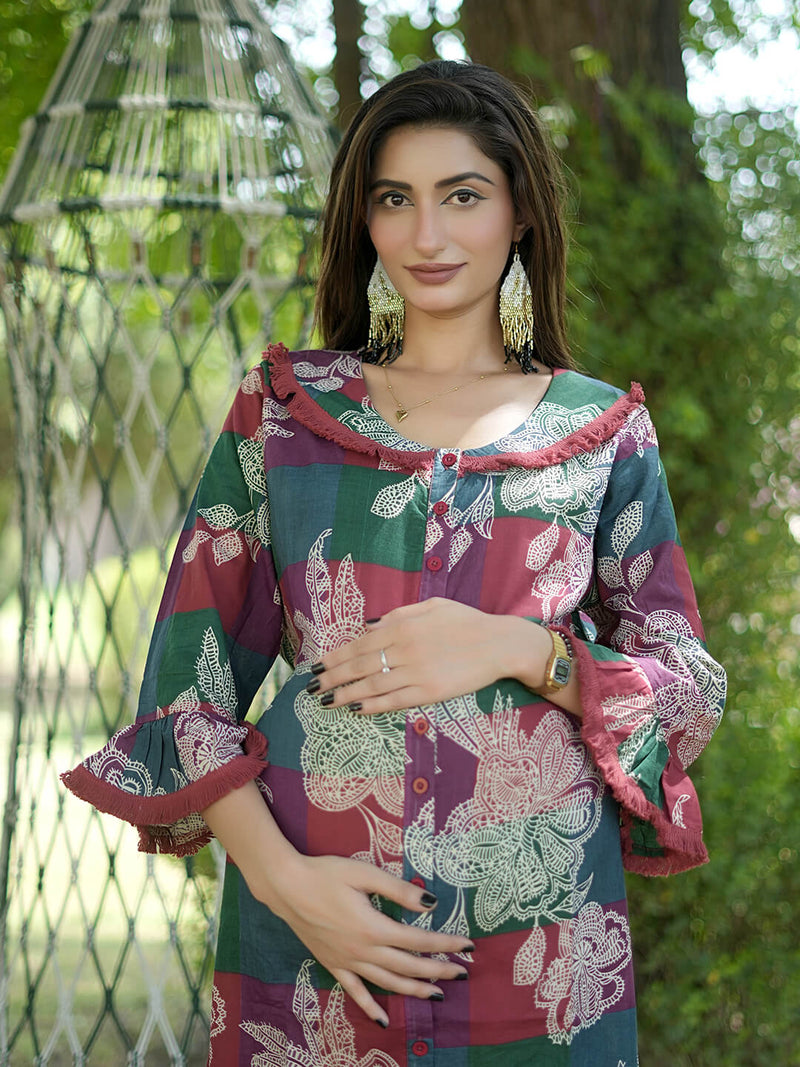 Maroon Multi Floral Printed Maternity & Nursing Midi Dress