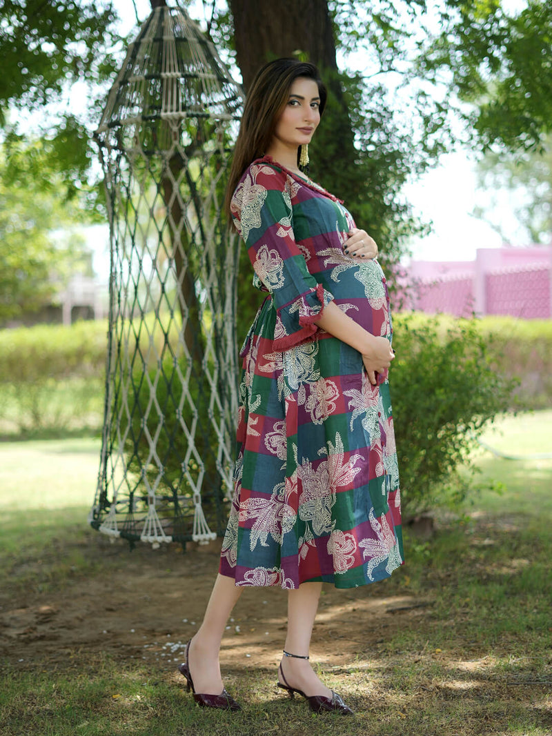 Maroon Multi Floral Printed Maternity & Nursing Midi Dress