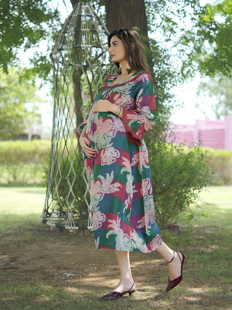 Maroon Multi Floral Printed Maternity & Nursing Midi Dress