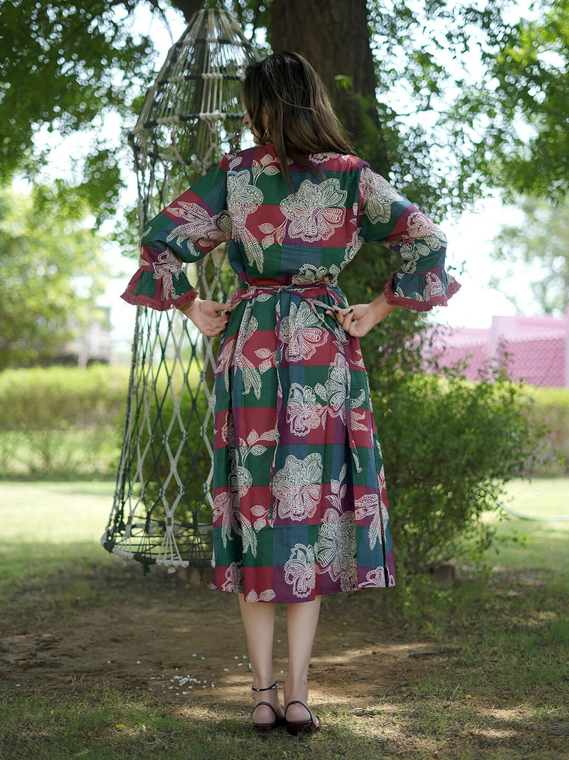 Maroon Multi Floral Printed Maternity & Nursing Midi Dress