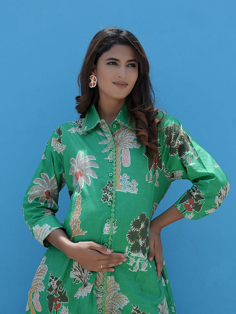 Leaf Green Tropical Printed Maternity & Nursing Midi Dress