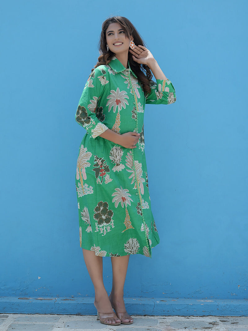 Leaf Green Tropical Printed Maternity & Nursing Midi Dress
