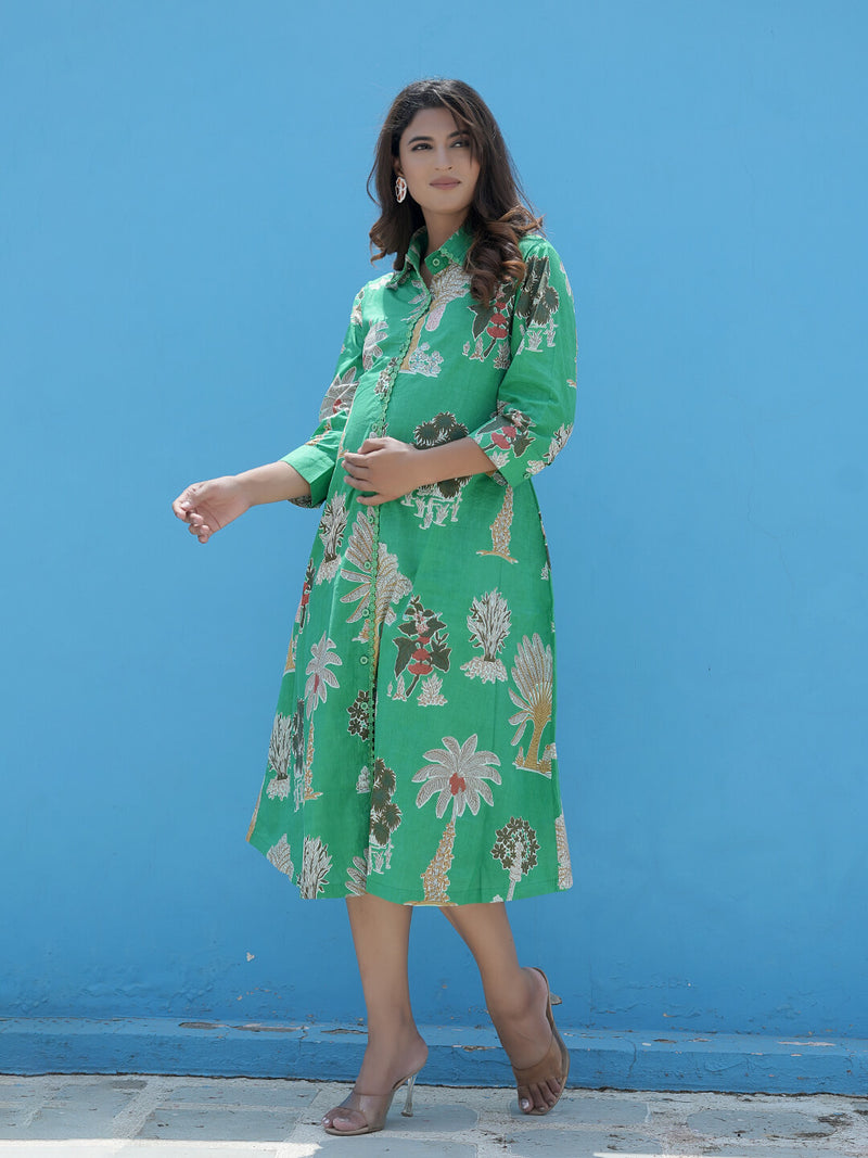 Leaf Green Tropical Printed Maternity & Nursing Midi Dress
