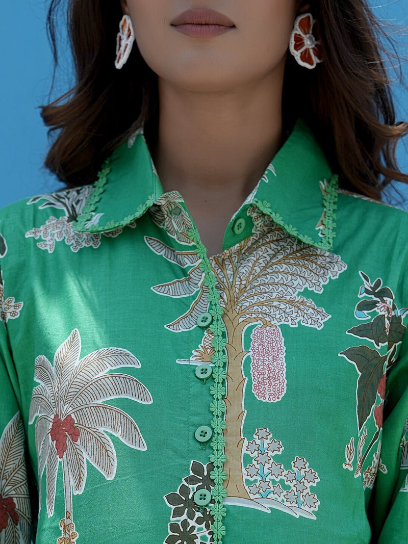 Leaf Green Tropical Printed Maternity & Nursing Midi Dress
