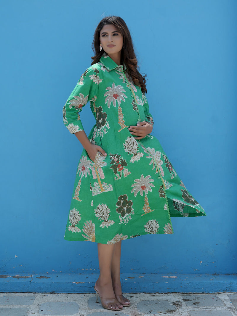 Leaf Green Tropical Printed Maternity & Nursing Midi Dress