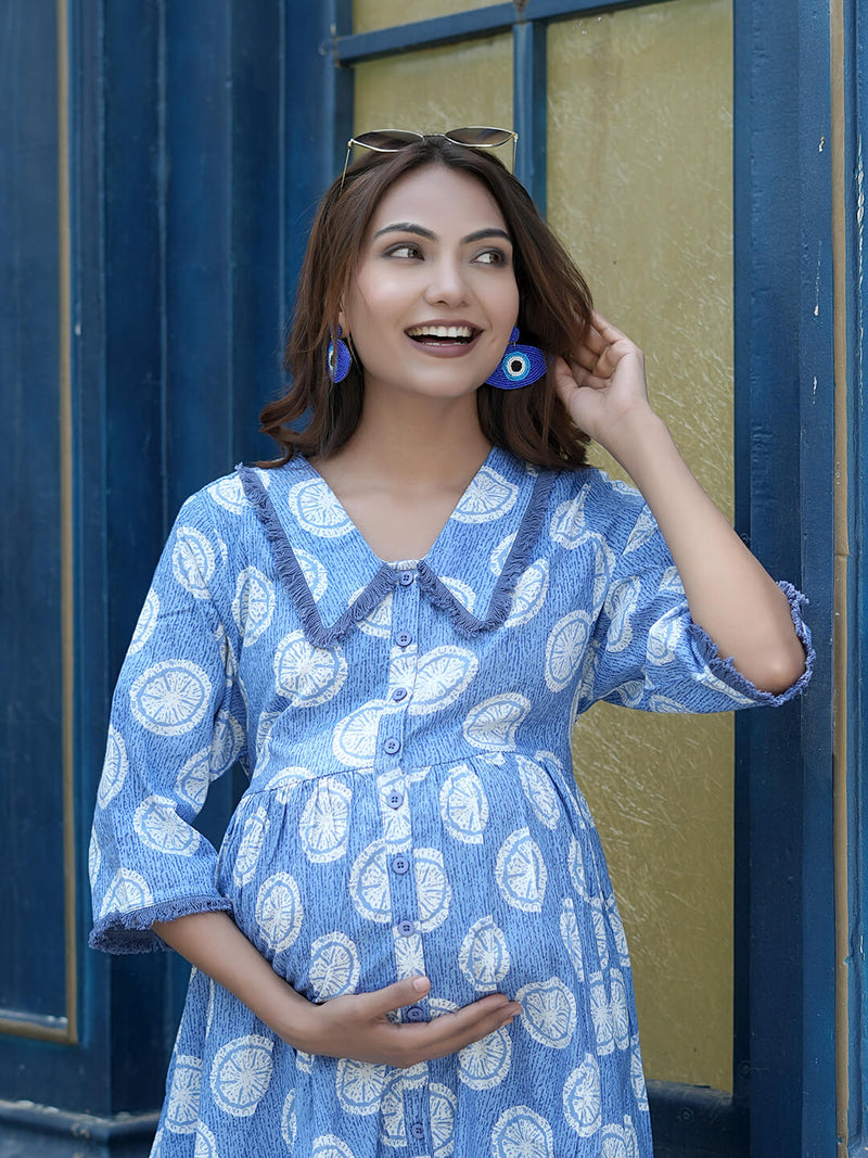 Lavender White Tropical Printed Maternity & Nursing Midi Dress