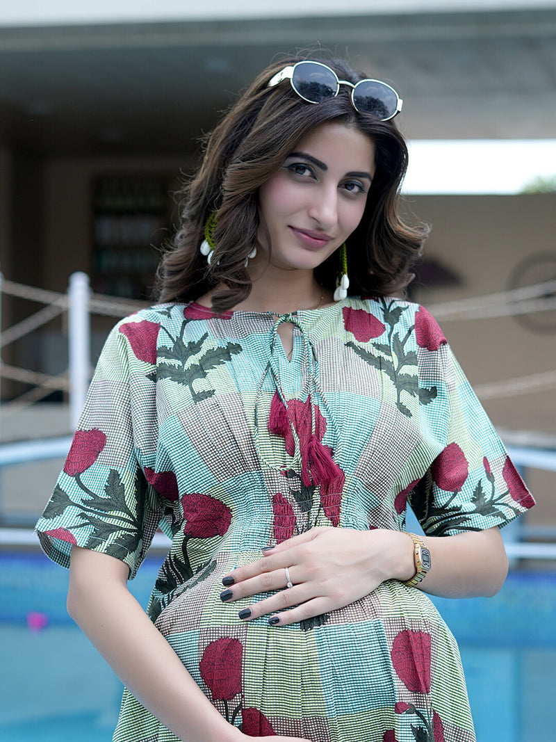 Multicolor Ethnic Printed Maternity & Nursing Midi Dress with Concealed Feeding Zippers