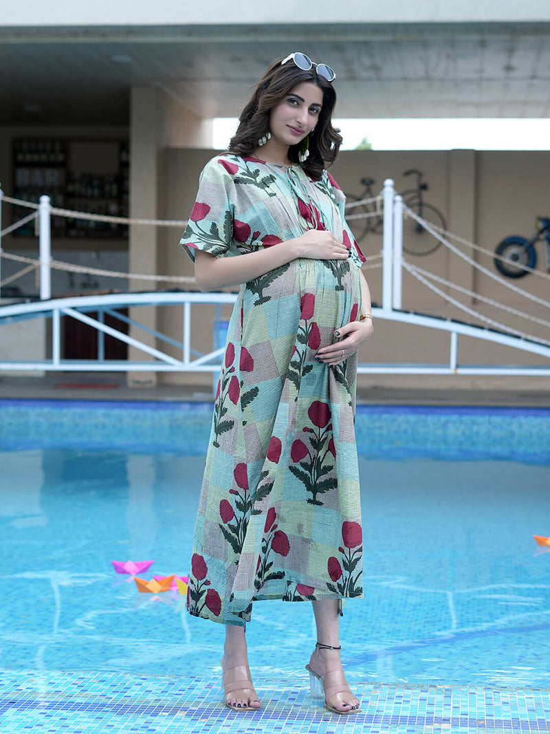 Multicolor Ethnic Printed Maternity & Nursing Midi Dress with Concealed Feeding Zippers