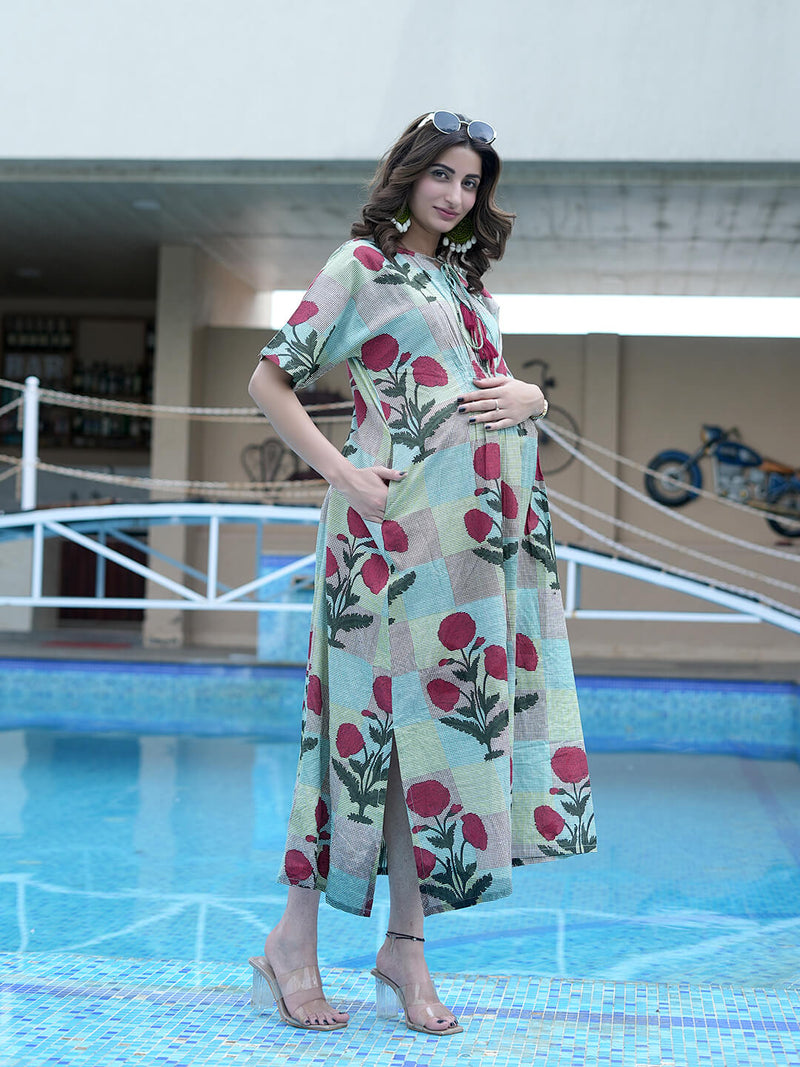 Multicolor Ethnic Printed Maternity & Nursing Midi Dress with Concealed Feeding Zippers