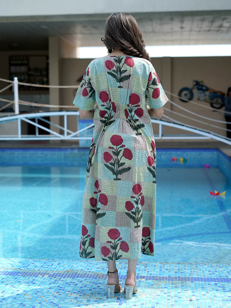 Multicolor Ethnic Printed Maternity & Nursing Midi Dress with Concealed Feeding Zippers